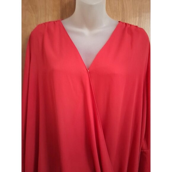Michael Kors Women Blouse L Faux Wrap Ruffle Bell Sleeve Red Flowy Chiffon - Picture 3 of 6